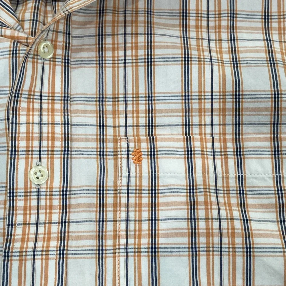 IZOD Short Sleeve Button-Down Shirt‎ Mens Size M Plaid Orange Navy White Logo